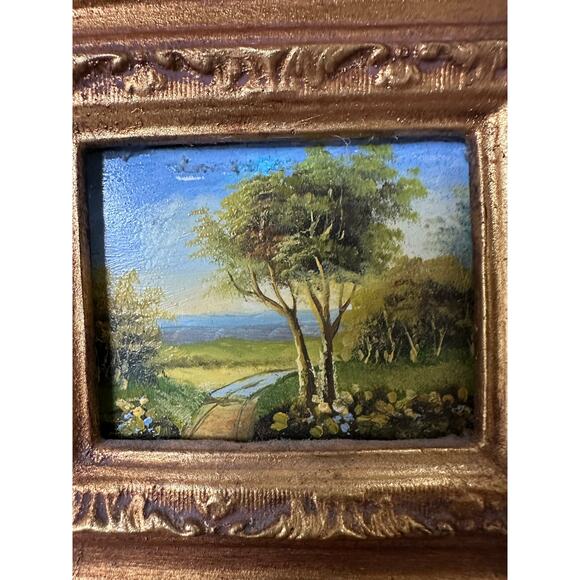 2 Vintage Miniature Framed Oil Paintings Landscape 10x9” gold ornate frame set - Picture 6 of 12